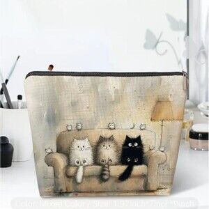 NEW 3 Sofa Kitties Large Cosmetic Makeup Bag Pouch Cat Lady Gift